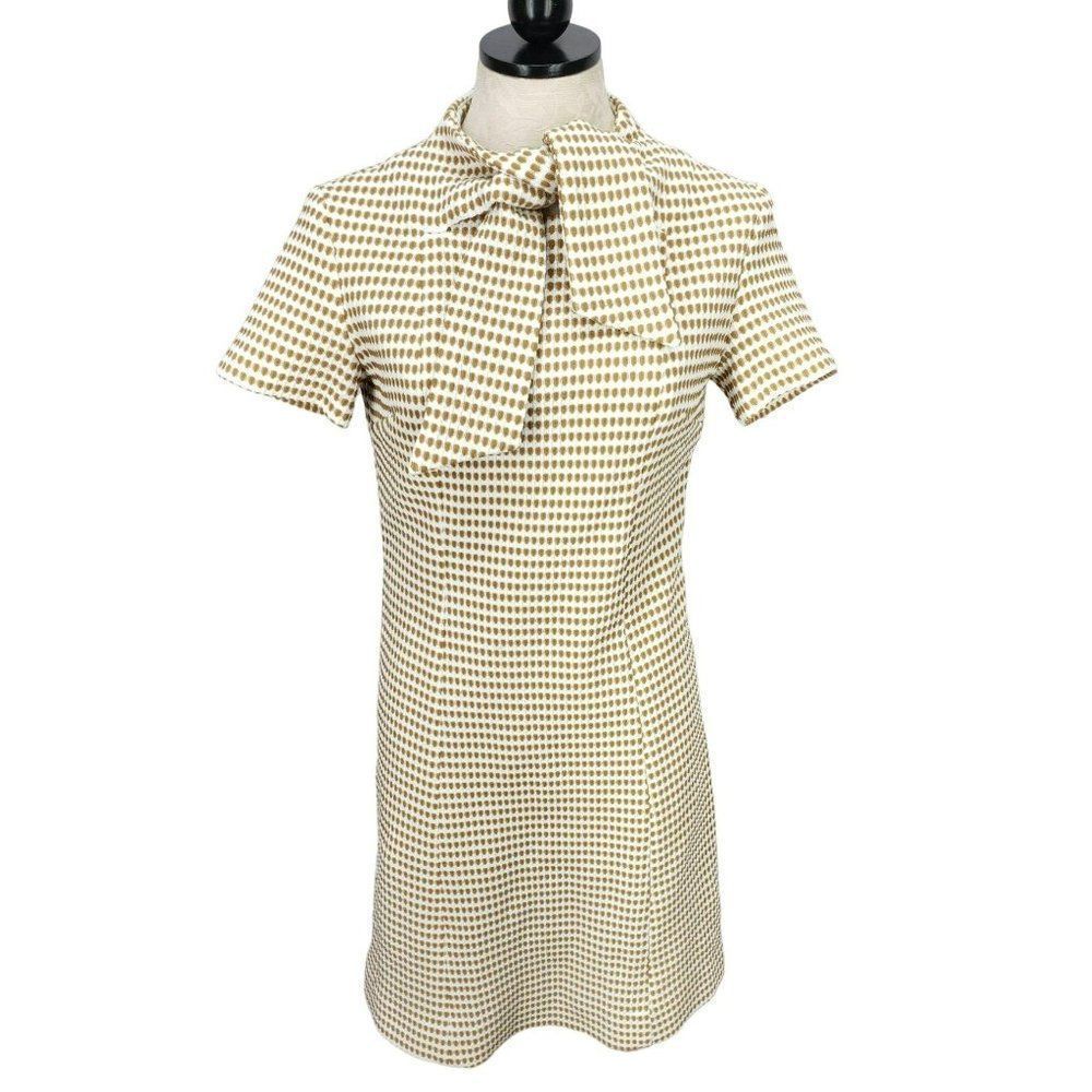 Vintage 60s Mod Shift‎ Dress Mustard Yellow White Polka Dot Tie Neck Knit Dress